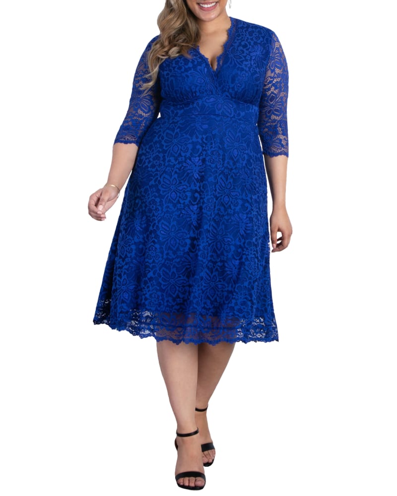 Front of a model wearing a size 0X Genee Lace Cocktail Dress in SAPPHIRE by Kiyonna. | dia_product_style_image_id:271599